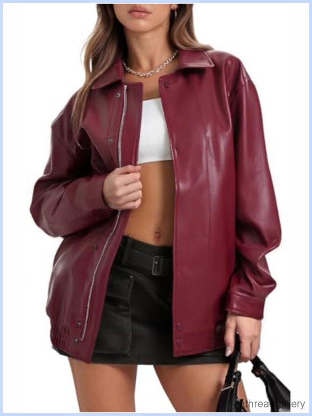 Women's Oversized Faux Leather Moto Biker Jacket Long Sleeve Zip Up Bomber Coat